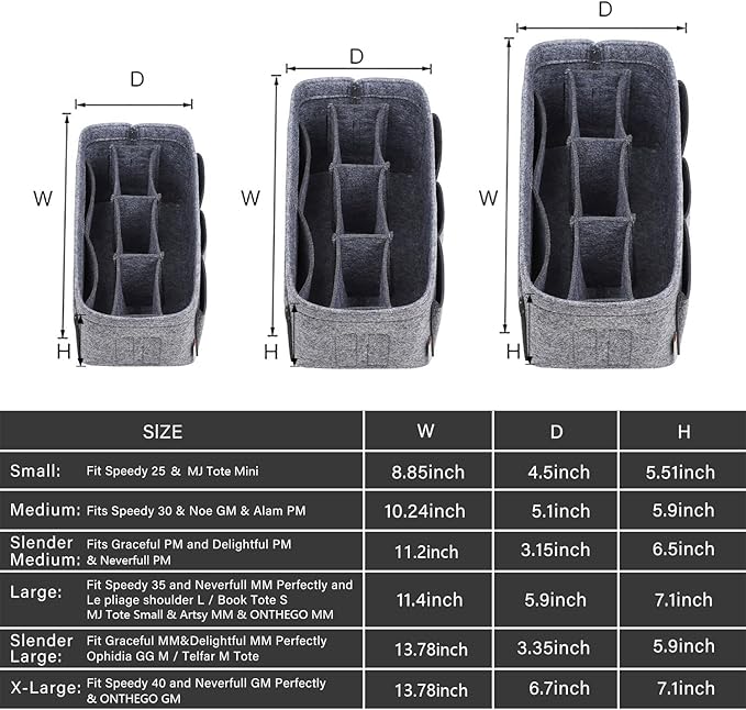 ZTUJO Purse Organizer Insert, Felt Bag Organizer For Handbag Purse Organizer,13 Colors, 6 Size (Slender Large, Grey)