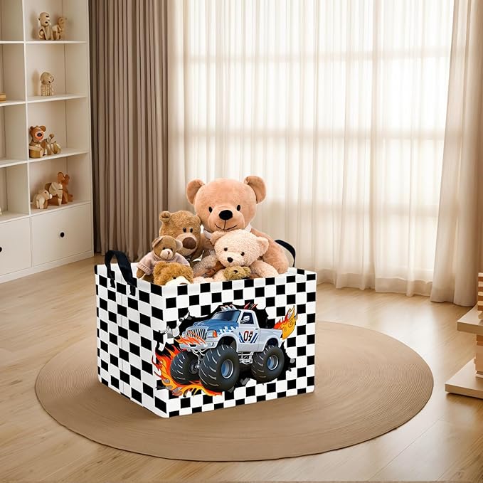 ASKETAM Racing Car Storage Basket Monster Truck Toy Book Shelf Basket Kid Room Decor Gift (Black and White Checkered)