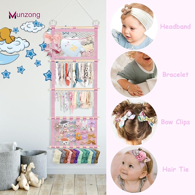 Munzong Headband Holder 52x17 inch, Pink Hair Bow Clip Organizer for Baby Girls, 4 Tier Wall Hanging Headband Shelf w/Mesh Bag, Large Nursery Hair Accessories Storage Hanger for Toddler Women