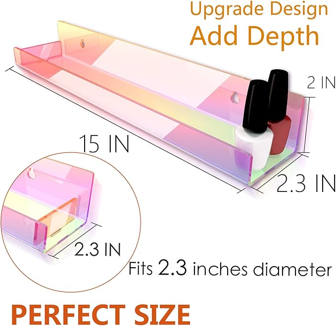 RORKIM 8 Pack 15 Inch Iridescent Acrylic Shelves, Clear Rainbow Kids Floating Bookshelf for Kids Room, Modern Sunglasses Essential Oil Picture Ledge Display Toy Storage Wall Shelf
