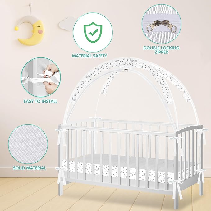 Crib Tent - Crib Net to Keep Baby in, Stop Baby from Climbing Out of Crib, Pop Up Crib Tent with Durable Breathable Net Double Zipper Strong Rods Installation Convenience (Gray Stars & Moons, Large)