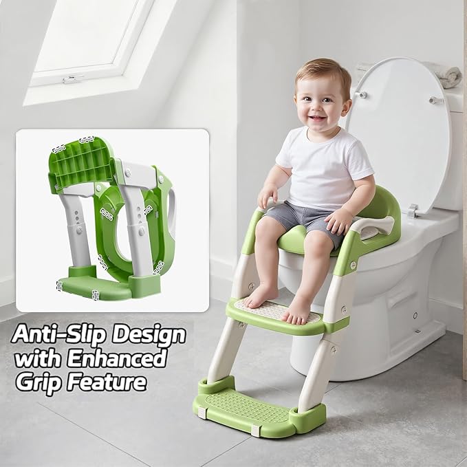 Snugzy Toddler Potty Training Seat 3-in-1 Foldable Potty Training Toilet with Step Stool Adjustable Potty Chair with Urinals (Green)