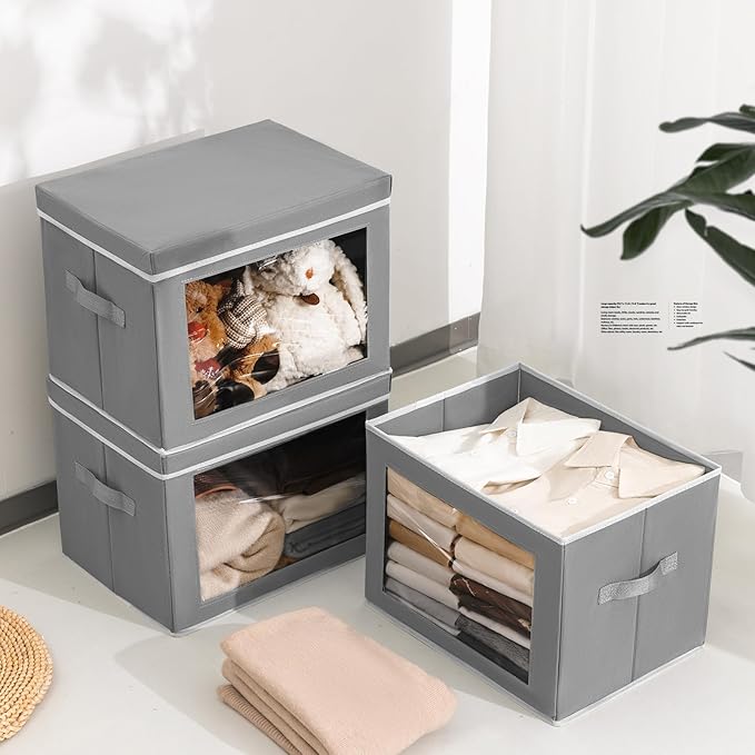Homsorout Stackable Storage Bins with Lids - Large Decorative Basket with Lids, Fabric Foldable Closet Organizer Bins, Shelf Organizer for Living Room, Dorm, 5 Pack, Grey