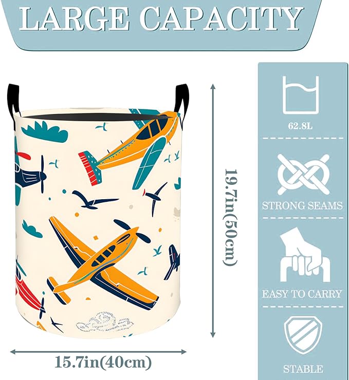VODRM Retro Colorful Airplane Sky Laundry Basket, Dirty Collapsible Clothes Toy Organizer Hamper for Kids Adults, Oxford Cloth Waterproof Storage Bin for Room Bathroom Home Decor Gifts, 19.7"X15.7"