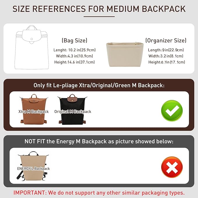 Felt Backpack Organizer Insert Compatible with Longchamp Lepliage M Backpack and More (Beige/MB)