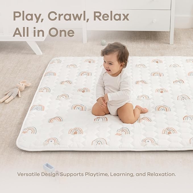 Comfy Cubs Rectangle Kids Play Mat - Medium 48 x 72 inches Soft Quilted Baby Floor Mat with Non-Slip Bottom - Plush Design for Toddlers Playtime - Comfortable and Durable - Rainbow