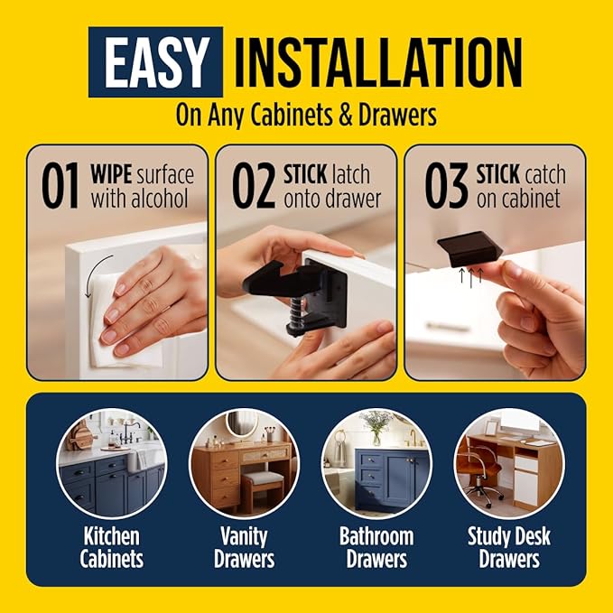Cabinet Locks for Babies - Child Safety Latches 10 Pack - Invisible Adhesive Baby Proofing Drawer Locks - Works with Most Cabinets and Drawers - No Drilling Installation - (Black)