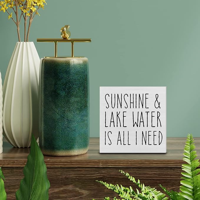 Country Lake Themed Wood Box Sign Decor Desk Sign Sunshine and Lake Water is All I Need Wooden Box Block Sign Summer Rustic Home Shelf Wall Decoration