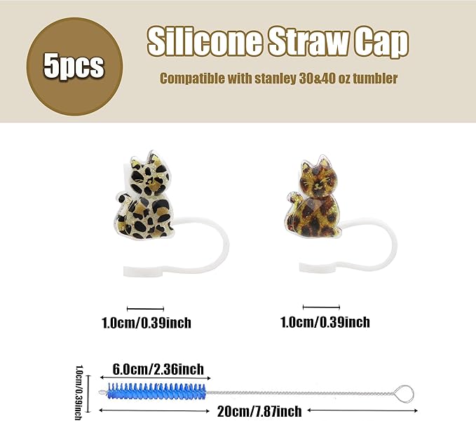 5Pcs Glitter Cat Straw Covers Cap for Stanley Cup, 0.4in/10mm Silicone Straw Toppers Compatible with Stanley 30&40 Oz Tumblers, Reusable Drinking Straw Tips Lids