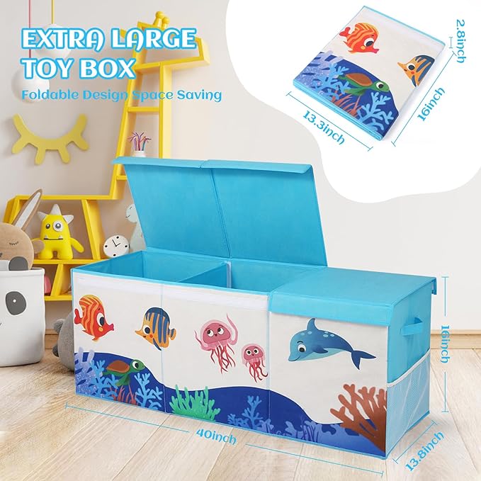 Dqoetort Extra Large Toy Box, Collapsible Storage Organizer with Lids, Sturdy Ocean Toy Chest for Boys Girls, 40"x14"x16" Kids Storage Bin Box Baskets for Living Room, Playroom, Bedroom, Nursery