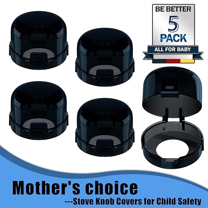 Stove Knob Covers for Child Safety - 5 Pack, Gas Stove Knob Locks, Prevent Kids Pets from Turning on Stoves, Baby proofing, Heat-Resistant Adhesive, (Black)