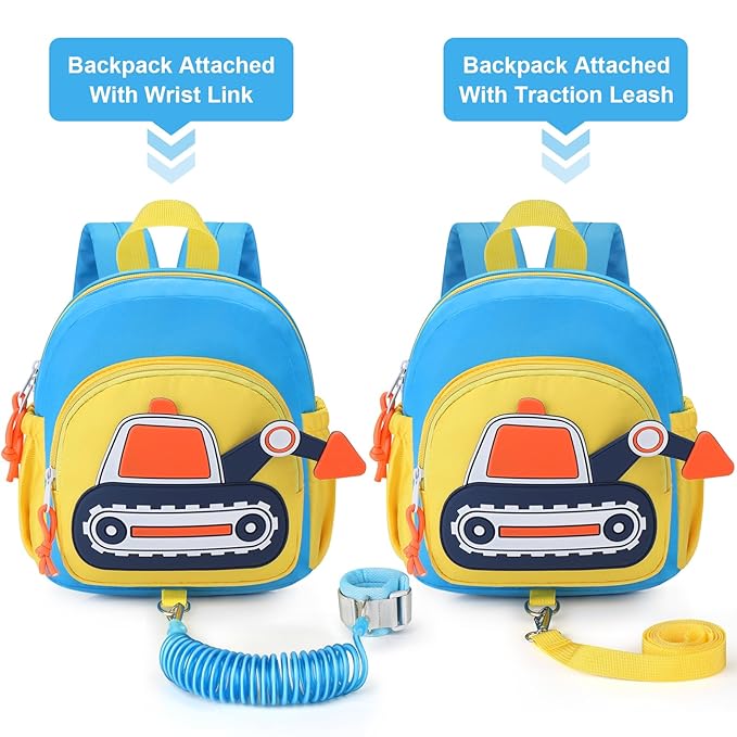 Accmor Toddler Leash Backpack, Cute Excavator Backpacks with Anti Lost Wrist Link, Kid Walking Harness Back Pack Travel Essential Mini Rucksack Bag with Restraints Hand Strap Tether for Baby Boys