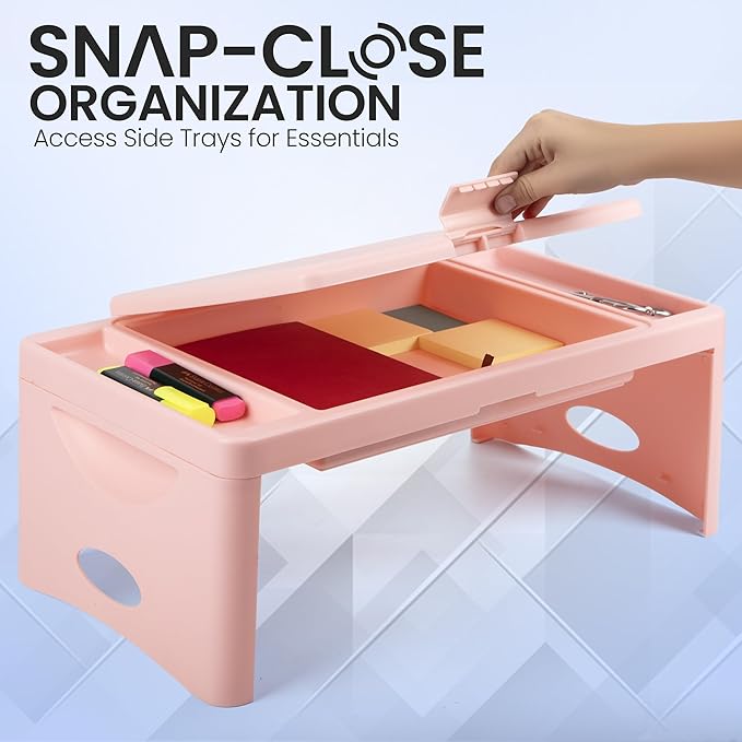Loddie Doddie Folding Lap Desk - Blush, Plastic & Steel - Sturdy Car Seat Tray for Kids Travel - Lap Desk with Storage Pocket & Accessory Trays - Fits Most Laptops as Laptop Bed Table
