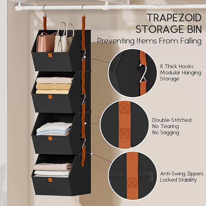 Homsorout Hanging Closet Organizer 4 Tier - Clothes Hanging Shelves, Space-Saving Closet System, Fabric Storage Bins Bedroom Organization, Collapsible Baskets for Home, Dorm, Rv, Black, 2 Pack