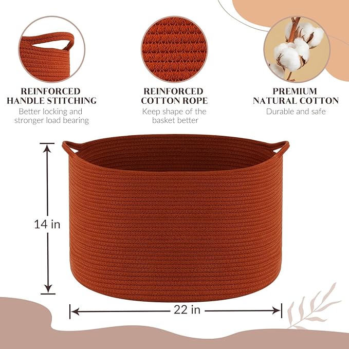 XXL Large Cotton Rope Basket - Maliton Large Storage for Blankets, Towels, Pillows - Round Toy Basket - Woven Laundry Hamper with Handles - 22" x 22" x 14" Nursery Hamper Bin, Burnt Orange
