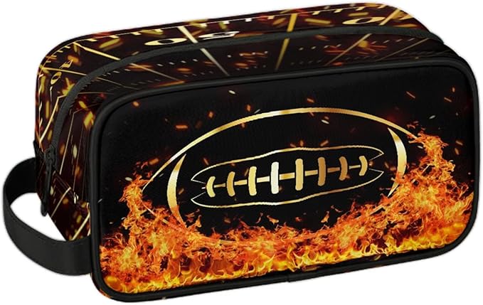 Boys Toiletry Bag Sport Theme Rugby in Fire Kids Dopp Kit Waterproof Hanging Wash Bag Cosmetic Bag Medicine Bag for Travel Sports Shower Essential