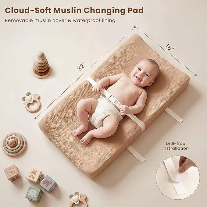 Konssy Muslin Changing Pad with Waterproof Lining Foam, Includes 2 Pack Soft & Cotton Cover, Baby Diaper Changing Pad for Dresser or Table, 32x16 inches (Sun,Camel)