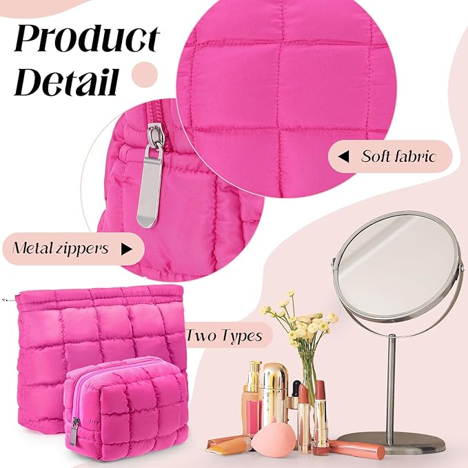 2 Pcs Puffy Makeup Bag Quilted Cosmetic Pouch for Women Cute Checkered Travel Toiletry Bag Puffer Makeup Organizer Purse Pouch Preppy Pencil Case with Zipper(Hot Pink)