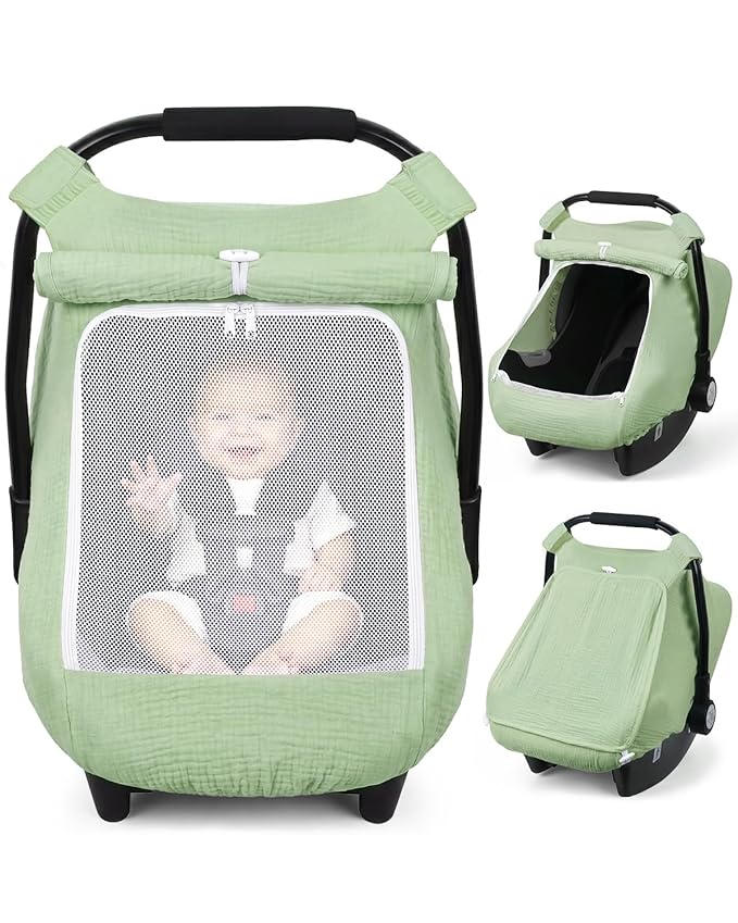 Rquite Car Seat Cover Baby Girl Boy, 100% Muslin Cotton Carseat Covers, Breathable Infant Windproof Canopy with Mesh Window, Stroller Sun Shade for Summer & Hot Day, Sage Green