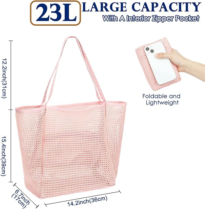 Mesh Beach Bag, Large Beach Tote with Zipper Pocket for Family Pool Bag for Toys & Vacation Essentials