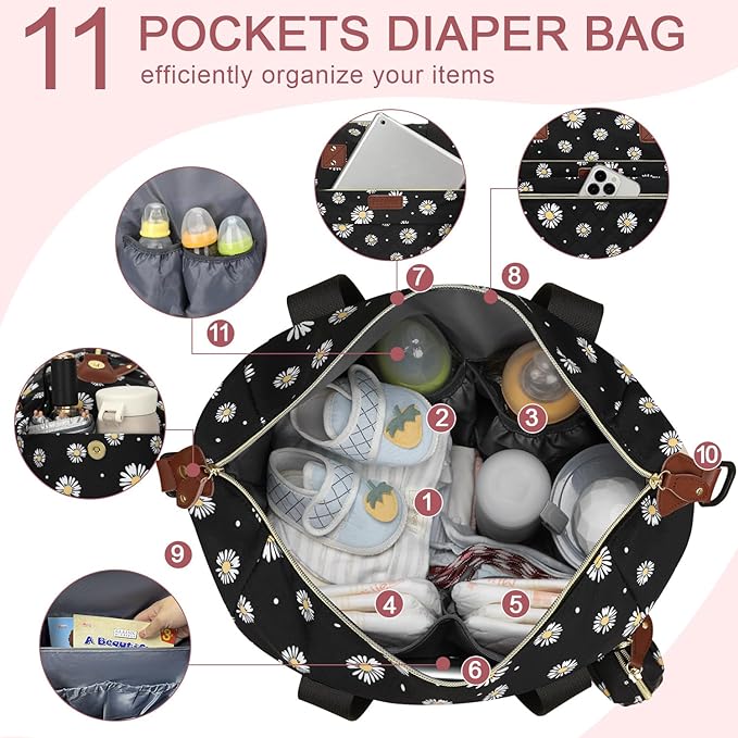 Diaper Bag Tote - Diaper Baby Bags with Pacifier Case, Shoulder Straps, Stroller Clips, Waterproof Large Mommy Maternity Travel Baby Bag for Mom and Dad, Daisy, Medium