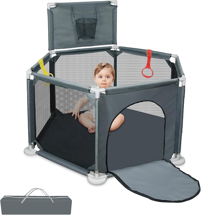 Baby Playpen, 50x50 Inch Playpen for Babies and Toddlers, Small Baby Play Yard, Indoor Outdoor Safety Activity Center Play Pen with Breathable Mesh and Basketball Hoop, Grey