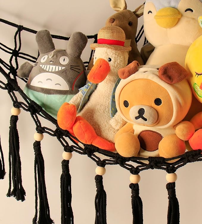 Stuffed Animal Toy Storage Hammock with LED Light - Macrame Jumbo Doll Corner Stuff Animals Organizer Decorations - Cute Hanging Plushie Net Kids Baby Nursery Bedroom Room Decor