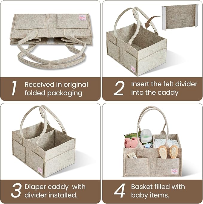 Upgraded Baby Diaper Caddy Organizer, Portable Nursery Storage Bin with Handle, Side Pockets Car Organizer for Diapers and Baby Wipes Essentials, Registry Gift Baskets (Small-Oatmeal)