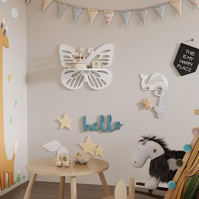 Butterfly Shaped Nursery Wall Deor Floating Shelf, Cute Wall Display Rack for Kid’s Room, Small Decorative Shelf Wall Mounted, White Hanging Wall Shelf for Toys, Plants and Decorations Storage, White