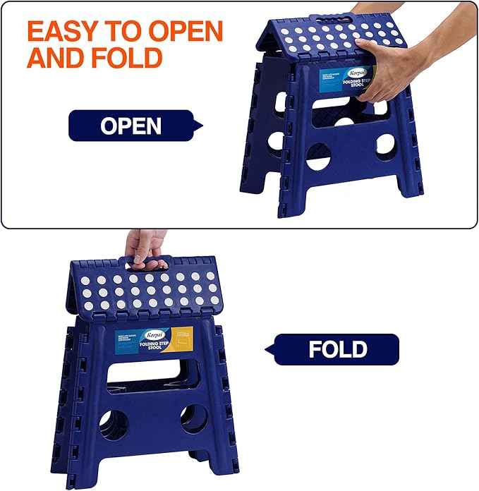 Korpai 13" Folding Step Stool for Adults and Kids Holds Up to 300 lbs,Non-Slip Folding Stools with Portable Handle, Compact Plastic Foldable Step Stool for Bathroom,Bedroom, Kitchen,Royal Blue,1PC