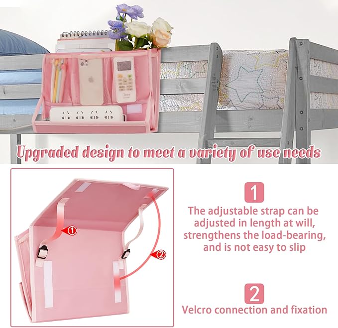 Retyion Bedside Caddy Bedside Storage Organizer Bedside Organizer with Power Strip Holder and 2 Adjustable Straps for Home Bunk Bed Dorm Sofa (Pink)