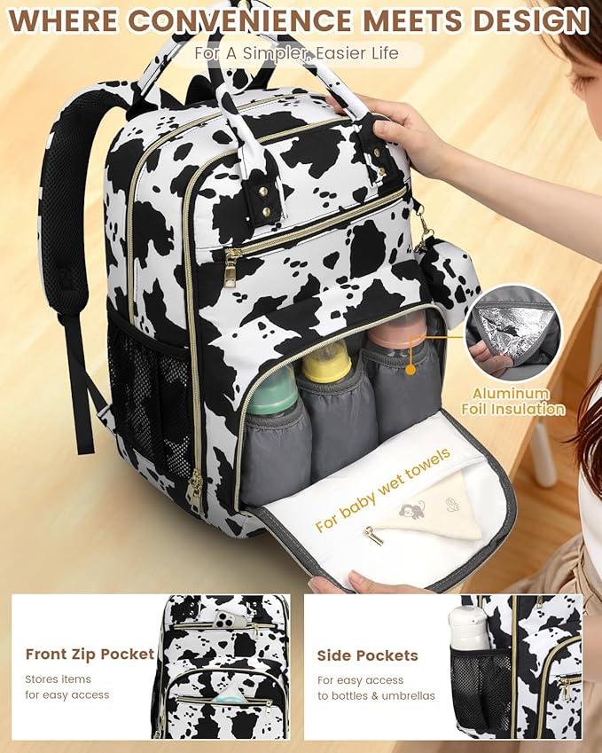 Pritent Diaper Bag Backpack,Baby Essentials Diapers Bag with Pacifier Case,Multipurpose Stylish Large Capacity Travel Backpack for Baby Girl/Boy(L-Cow Print)