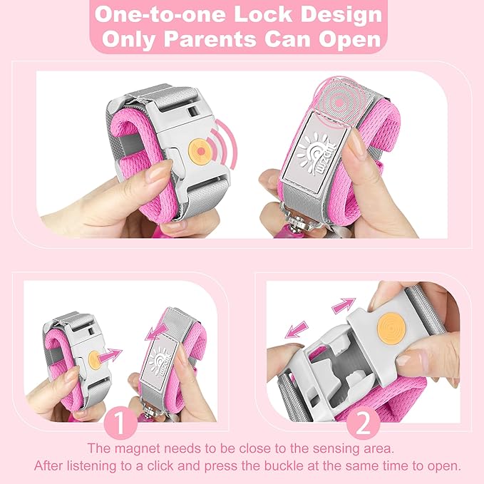 Anti Lost Wrist Link,Toddler Harness Walking Leash with Induction Lock,Reflective Child Wrist Leashes for Baby,6.56ft Kids Leash for Supermarket Mall Airport Amusement Park Zoo Travel（Pink）