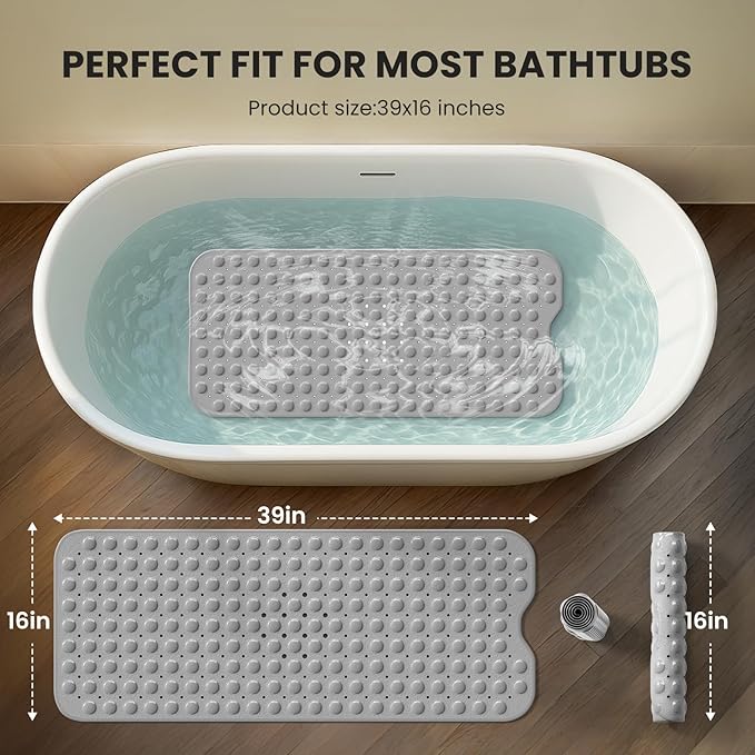 Krussier Non-Slip Bath Tub Mat, 39x16 Inch Extra Large Shower Mat with Drain Holes & Suction Cups, Machine Washable, Clear Green