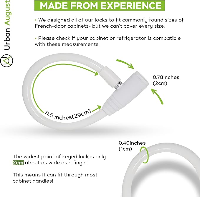 Urban August Child-Proof Refrigerator Lock for Kids & Adults - Lock for French Door Fridge and Cabinet (Small, White - 2 Pack)