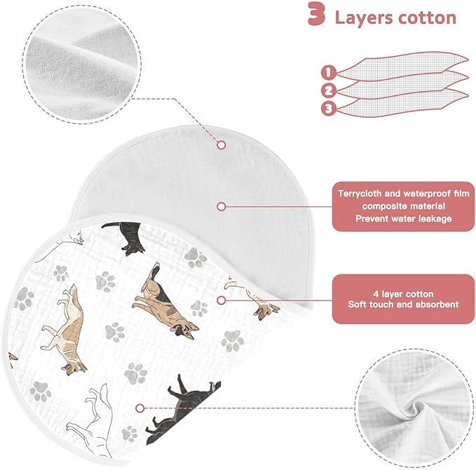Qinllo 2 Pack Muslin Burp Cloths German Dogs Paw White Cotton Baby Burp Cloths Ultra Absorbent Soft Thick Burping Cloth for Newborn Babies 22x11 Inch