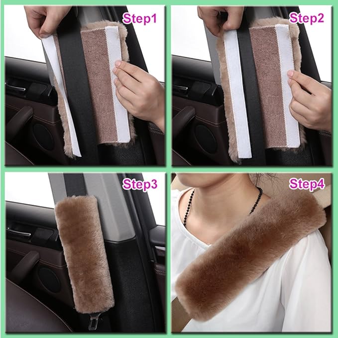 OGLAND Authentic Sheepskin Car Seat Belt Pad,2 Pack Soft Seat Belt Cover for Shoulder Pad Neck Cushion Protector Car Accessories by Genuine Natural Merino Wool (Black)