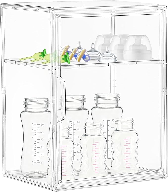 Lifelongpal Baby Bottle Storage Organizer for Countertop Cabinet, 2 Tiers Nursery Clear Acrylic Bottles Station Organizers Container with Removable Dividers and Magnetic Door