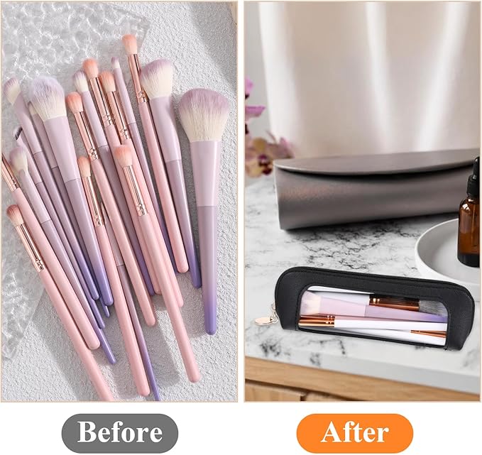 Clear Makeup Bag, PU Leather Mini Makeup Pouch Portable Makeup Brush Case Transparent Waterproof Cosmetic Organizer Pouch with Zipper for Women Home Travel Office Makeup Storage (Black)