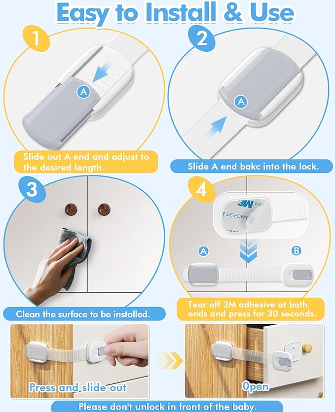 10 Pack Cabinet Locks Baby Proofing, Child Proof Cabinet Locks with 3M Adhesive - Easy Installation with Adjustable Straps, Multi-Purpose Child Safety Latches for Drawers Fridge Trash Cans White-Gray