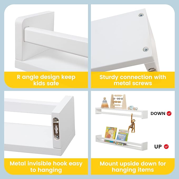 Fun Memories Nursery Book Shelves - Rustic Natural Solid Wood Floating Bookshelf for Kids - Wall Book Shelves for Kids Room (White, 32inch - 2P)