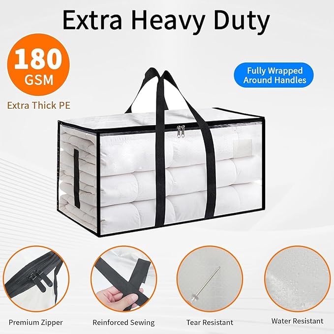 16 Pack-Extra Large Heavy Duty Moving Bags - Waterproof Storage Totes with Handles & Zippers, Foldable for College Dorm, Storage (Clear)