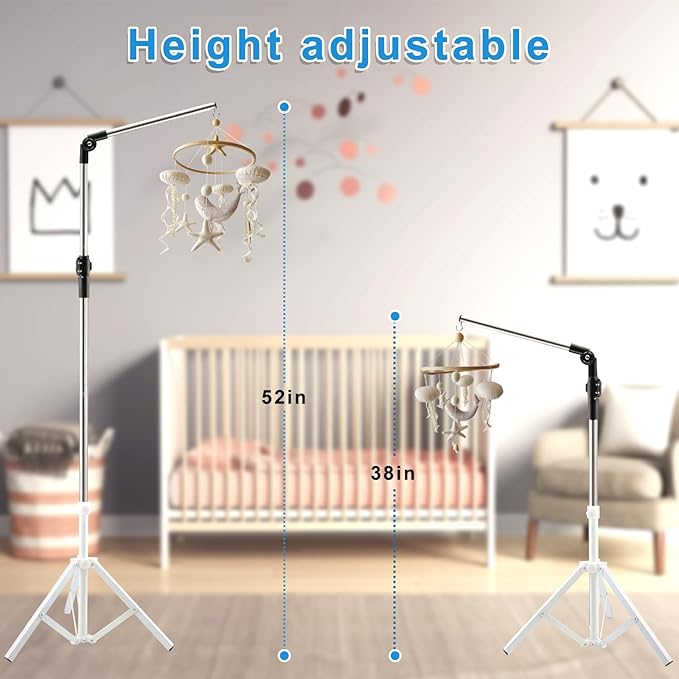 Baby Crib Mobile Arm,Mobile Hanger for Crib 56-78" Adjustable Height Top Can Rotate 180° Suitable for Baby Girls Boys Stainless Steel Material Sturdy and Stable Base