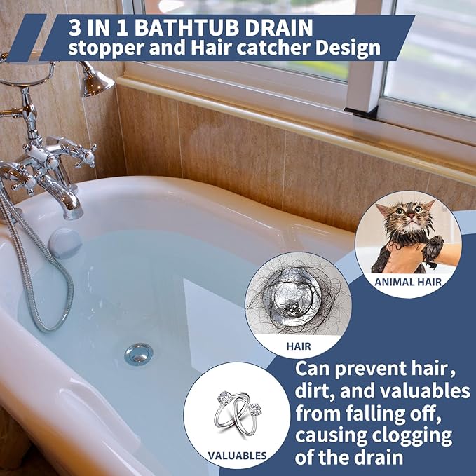Universal 2 in 1 Bathtub Drain Stopper Bathtub Drain Hair Catcher，Pop-up Tub Stopper with Effective Filter Basket, Anti-Clogging Bathtub Drain Plug Bath Tub Stoppers for 1-1/2 to 1-3/4"" (Silvery)