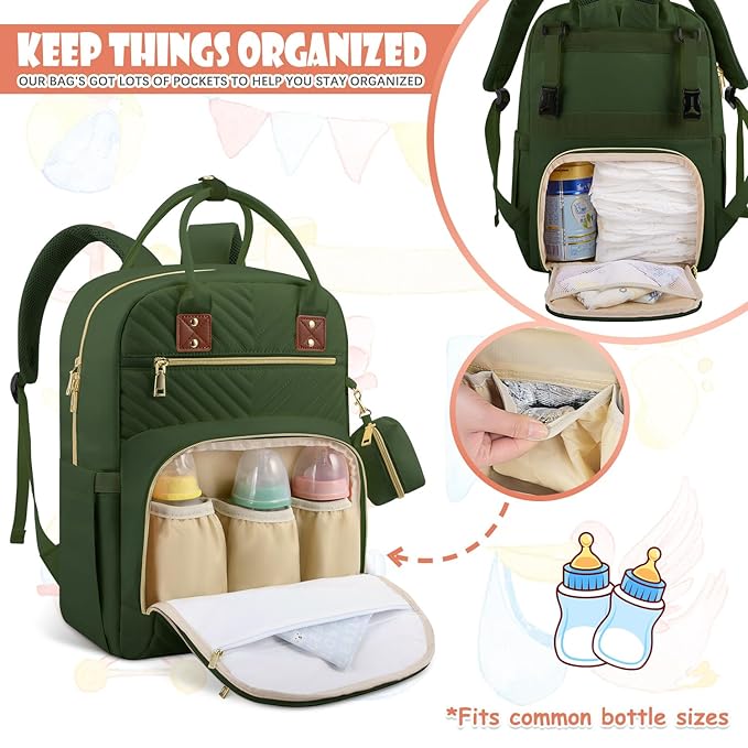 Tenot Baby Diaper Bag Backpack, Travel Diaper Bags for Girl Boy Large Capacity Baby Bag Backpack for Women Army Green