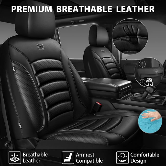 CAR PASS 3D Foam PU Leather Car Seat Covers, Universal Seat Covers Front 2 for Trucks SUV Sedan Automotive Seat Covers Armrest Airbag Compatible Waterproof Comfortable Faux Nappa Leather All Black