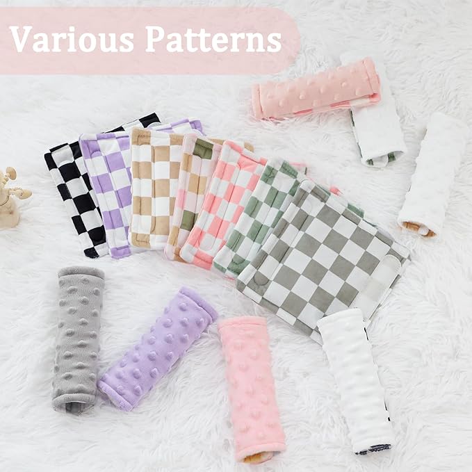 DILIMI Baby Car Seat Belt Covers, 2Pcs Carseat Shoulder Strap Pads, Soft Minky Car Seat Neck Covers, Newborn Car Seat Strap Protectors, Stroller Strap Covers for Baby Kids, Pink Checkered