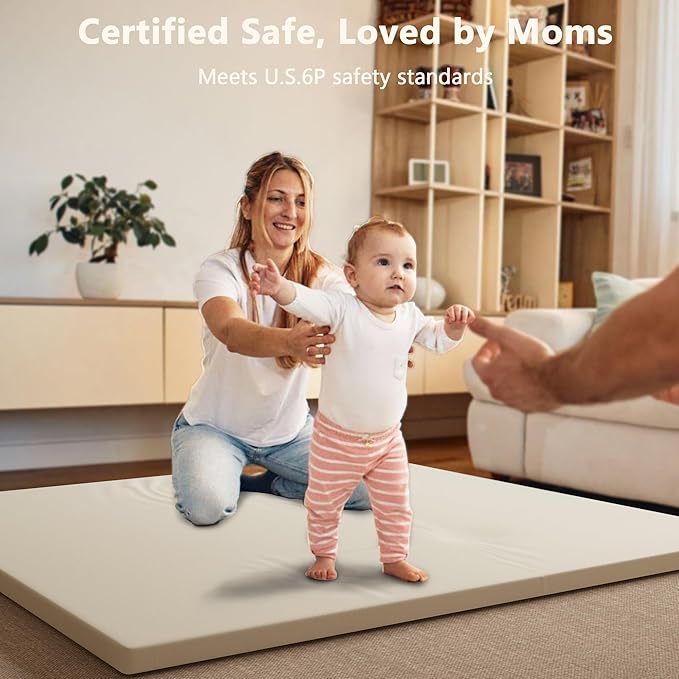 Padded Baby Play Mat, 1.3 Inch Thicken Foam Cushioned & 50 x 50 Waterproof Playpen Mat for Infants and Toddlers, Stylish and Just Wipe-Clean Playmat for Baby Play on Floor, Beige