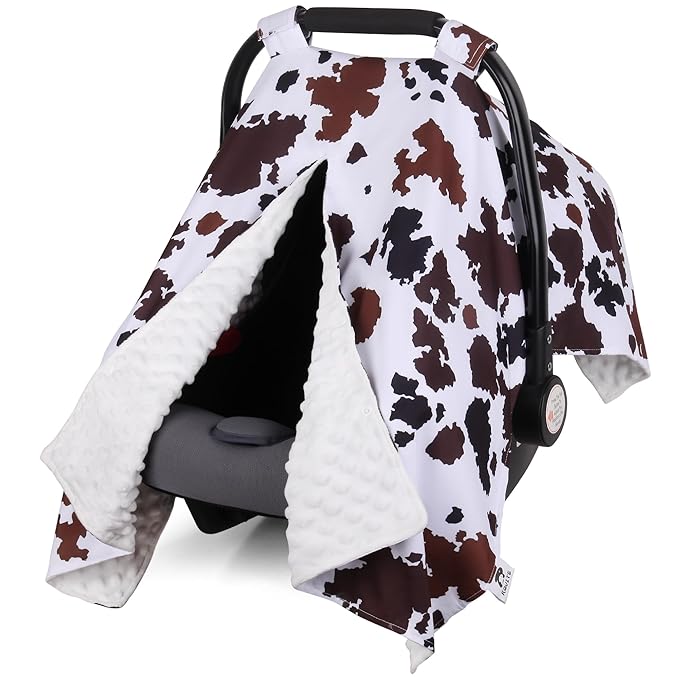 Rquite Car Seat Cover Baby, Carseat Covers Baby Boy, Minky Infant Car Seat Cover Winter, Peekaboo Opening Car Seat Canopy, Multi-use Baby Carrier, Stroller, Nursing Cover, Minky Blanket, Cow Print