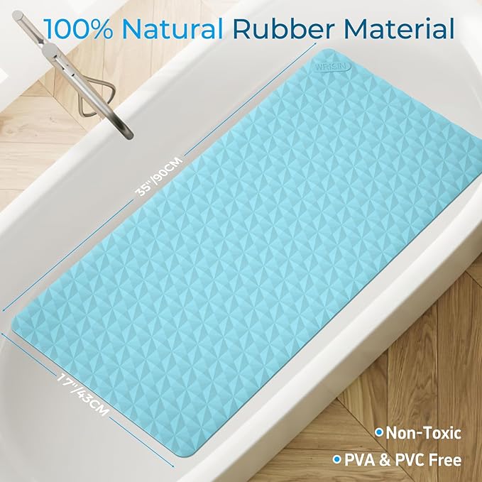 WRISIN Non Slip Bathtub Mat for Bath Tub Shower - Natural Rubber Mat with Suction Cups - Large Soft Bathroom Safety Mat - Unique Diamond Pattern - Fatigue Relief - Machine Washable - 17 × 35 Inch